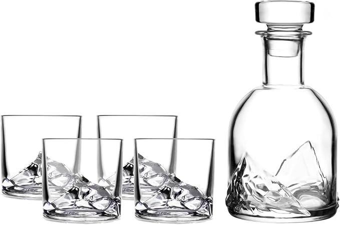LIITON Everest Mountain Whiskey Decanter Set – 34oz Mountain Crystal Glass Decanter with 4 Old Fashioned Glasses – Premium Gift for Men – Bourbon, Scotch, and Liquor Lovers