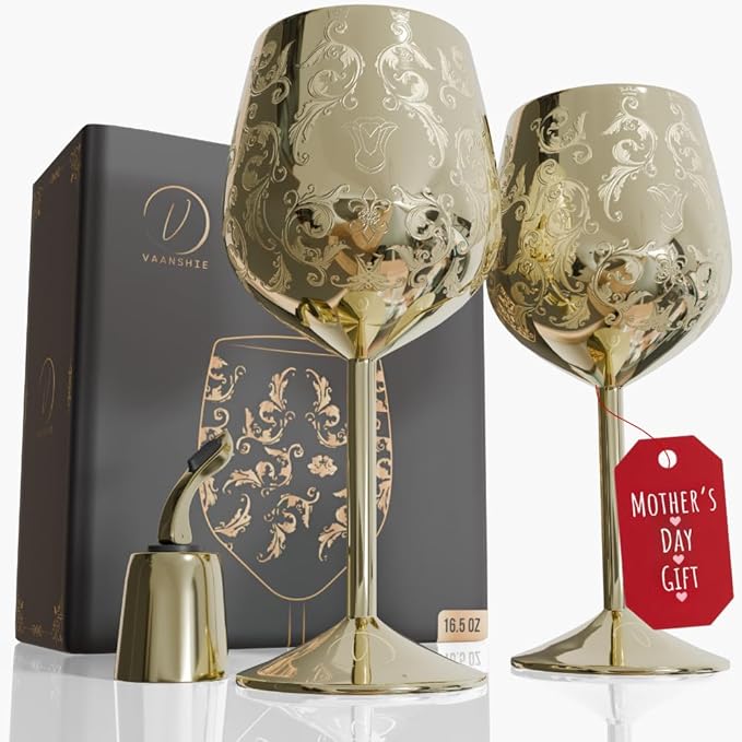 Mother’s Day Gift for Mom – Set of 2 Gold Stainless Steel Wine Glasses, 17oz Engraved Goblets with Bottle Stopper, Unbreakable Elegant Wine Cups, Gift for Women, Wife, Mom, Sister