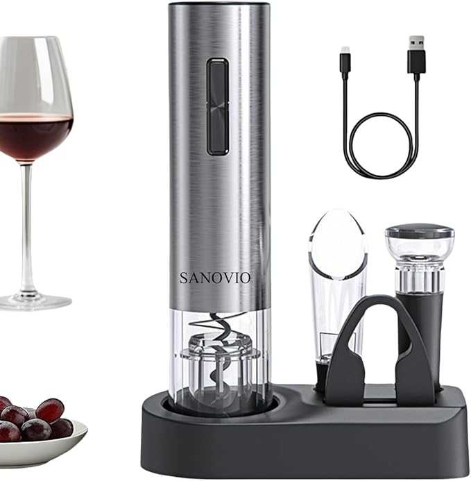 6-in-1 Electric Wine Opener Set - Rechargeable Automatic Corkscrew with Vacuum Sealer, Wine Aerator, Foil Cutter & Charging Base,Valentine's Day Gifts, Wine Lovers (Stainless Steel)