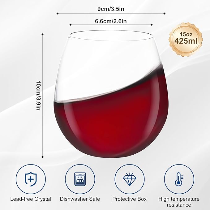 Stemless Wine Glasses Set of 6 – 15oz Elegant Modern Red & White Wine Glasses for Everyday Use, Dishwasher Safe, Shatter-Resistant Crystal-Ergonomic Design, Drinking Glasses Gifts