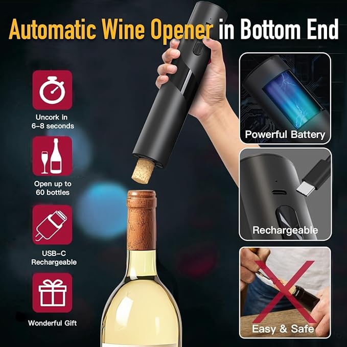 6‑in‑1 Electric Wine Opener with Charging Base — Auto Corkscrew Bottom + Automatic Wine Saver Top | Perfect Wine Gift & Ideal Father’s Day Gifts