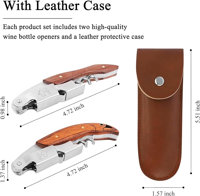 2-Pack Corkscrew Wine Opener - Professional Stainless Steel with Rosewood Handle, Foil Cutter, and Bottle Opener - Manual Wine Key for Bartenders, Servers, and Home Use