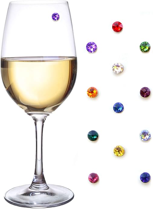 Simply Charmed Crystal Magnetic Wine Glass Charms Set of 12 Glass Markers that Work on Stemless Glasses - Gift/Storage Box Included