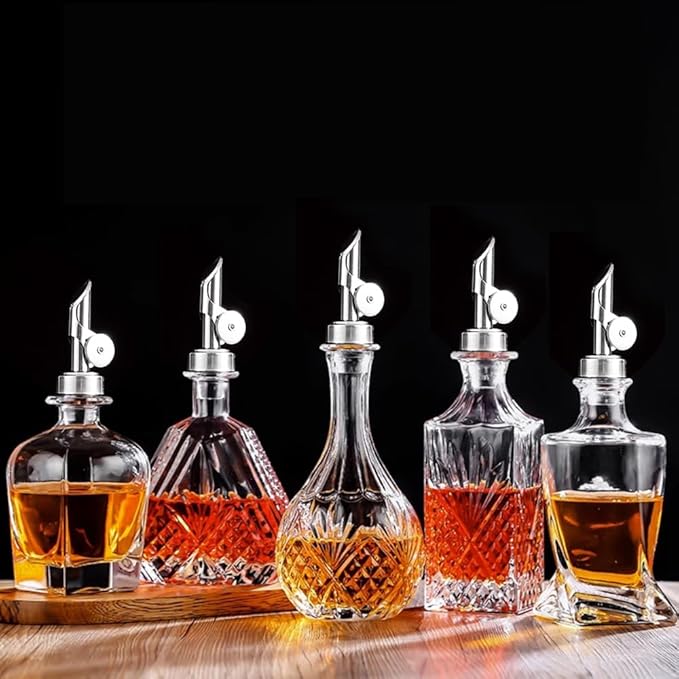 beyonday 3pcs Self Closing Liquor Bottle Pourers - Silver, Auto Flip Wine Bottle Stoppers with Rubber Dust Cap & Cleaning Brush Weighted Olive Oil Vinegar Dispenser Spout, Fit about 3/4'' Bottle Mouth