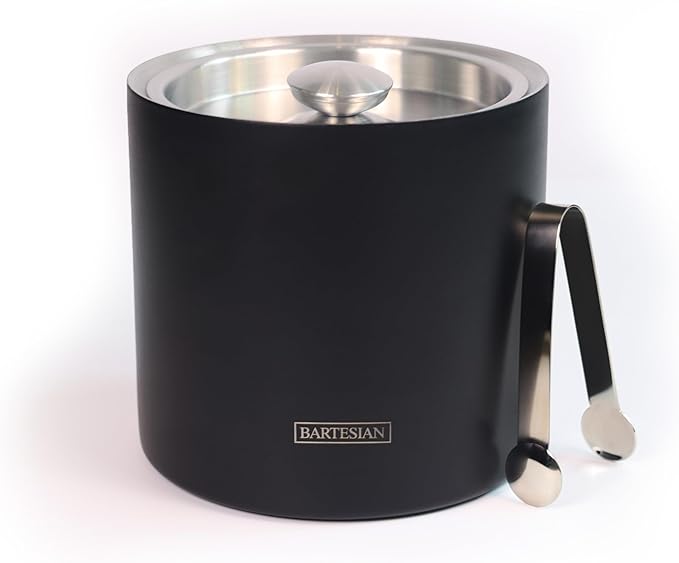 Bartesian Reserve Insulated Ice Bucket with Lid and Tongs – Matte Black Stainless Steel – Heavy Duty Double Wall Thermal Bucket for Home Bar, Parties, and Entertaining – Keeps Ice Cold for 36 Hours