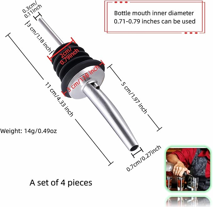 4PCS Premium Wine and Oil Pourer Set, 304 Stainless Steel Pour Spouts for Liquor & Oil - Reusable, Dishwasher Safe, Precision Flow Control, Leak-Proof Seal, Fit Most Wine & Whiskey Bottles (XS)
