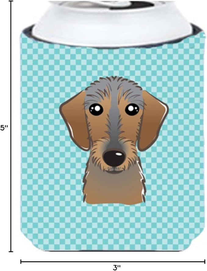 Caroline's Treasures BB1171CC Checkerboard Blue Wirehaired Dachshund Can or Bottle Hugger Cooler Washable Drink Sleeve Collapsible Beverage Insulated Holder, Can Hugger, Multicolor