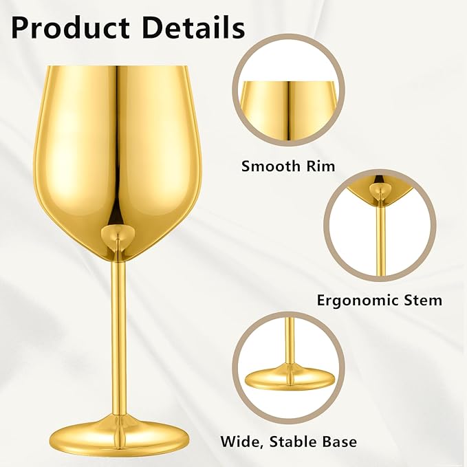 Stainless Steel Wine Glasses Set of 4 Unbreakable Gold Wine Glass 18 oz Unique Metal Wine Goblets for Outdoor, Travel, Camping, Pool, Ideal Gift for Wine Lovers