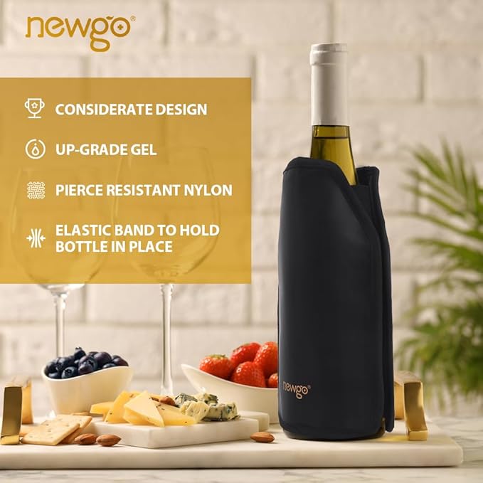 NEWGO Wine Cooler Sleeve Reusable Wine Bottle Cooler Flexible Wine Ice Pack Sleeve Keep Wine Cool and Refreshing for Standard Size Bottles for Red Wine, White Wine & Champagne - Black (Pack of 2)