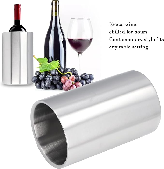 Wine Chiller, Stainless Steel Double Wall Wine Cooler Champagne Cooler Ice Bucket Fits Any Single Bottle for Parties
