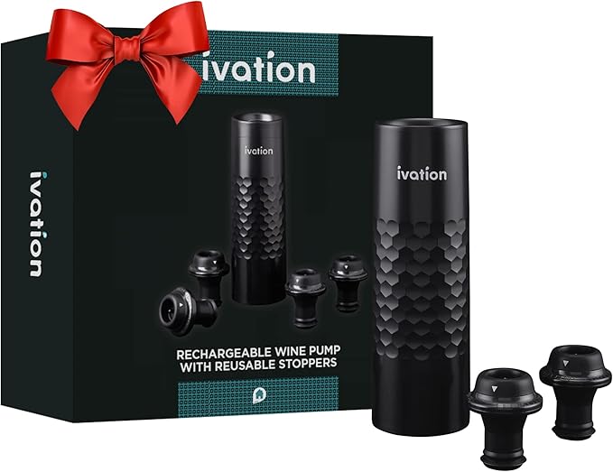 Ivation Rechargeable Wine Saver Pump with Reusable Stoppers, 6-Piece Wine Saver Preserver Gift Set with Automatic Vacuum Pump Sealer, USB Charger & 4 Universal Bottle Plugs