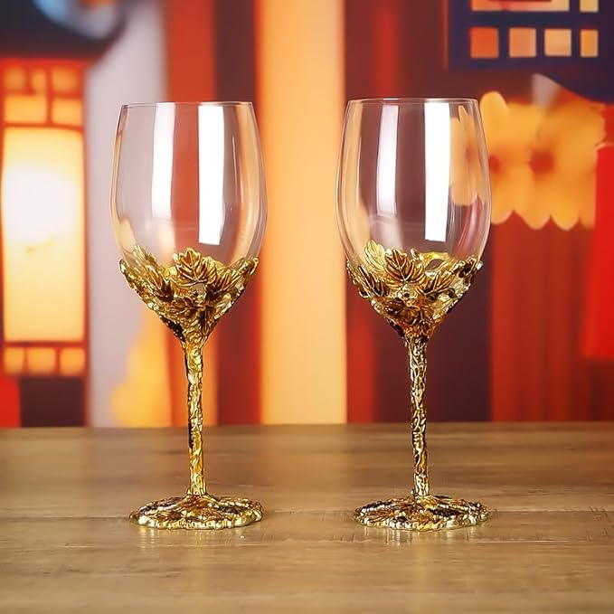 Simcat Handmade Painted Enamel Flower Glass Wine Glasses Transparent Refined Goblet, Stem For Cabernet, Gifts (gold double gift box)