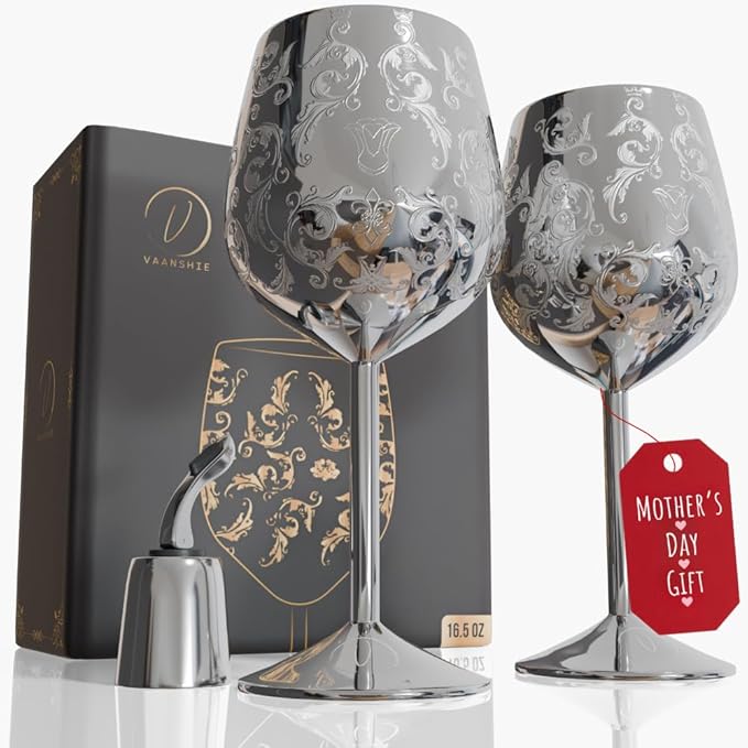 Mother’s Day Gift for Mom – Set of 2 Silver Stainless Steel Wine Glasses, 17oz Engraved Goblets with Bottle Stopper, Unbreakable Elegant Wine Cups, Gift for Women, Wife, Mom, Sister