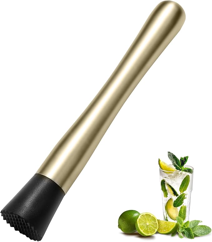 8 Inch Stainless Steel Cocktail Muddler and Mixing Spoon Home Bar Tool Set - Create Delicious Mojitos Old Fashioned/Mint Julep/Other Fruit Based Drinks (Gold)