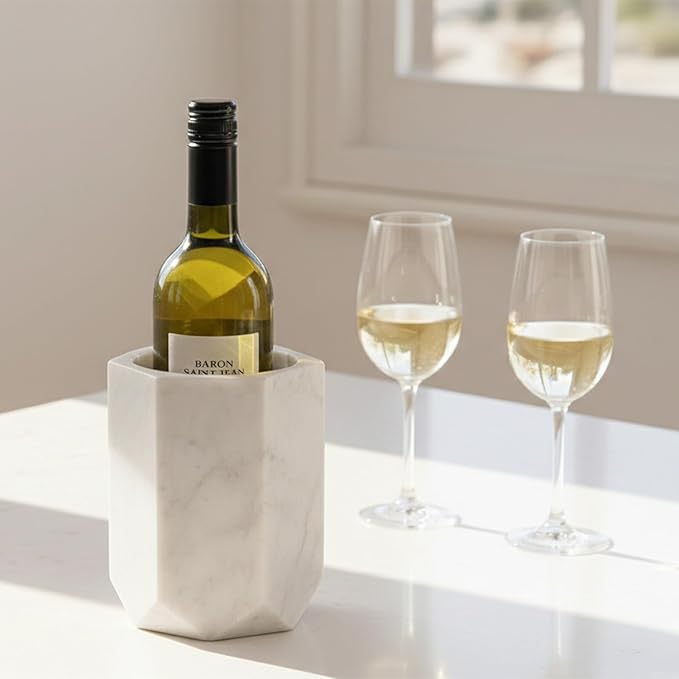 Radicaln Marble Wine Chiller Bucket 6.5 Inch White 750ml Wine Bottle Cooler & Champagne Chiller, Multi-Purpose Utensil Holder, Vase & Bar Cart Decor, Ice-Free with Non-Slip Felt Base, Luxury Wine Gift