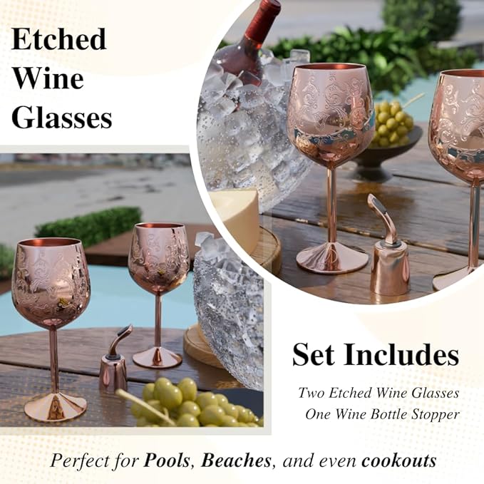 Mother’s Day Gift for Mom – Set of 2 Rose Gold Stainless Steel Wine Glasses, 17oz Engraved Goblets with Bottle Stopper, Unbreakable Elegant Wine Cups, Gift for Women, Wife, Mom, Sister