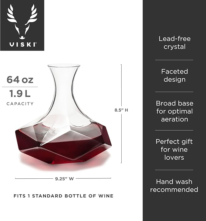 Viski Faceted Wine Decanter, Lead-Free Crystal Carafe for Red and White Wine with Broad Base for Aeration, Elegant Large Pitcher for Wedding Gifts, Housewarming Essentials, 64 oz (1.9 L), Set of 1