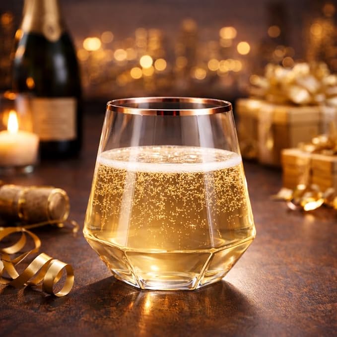 Oojami 40 Pack Disposable Plastic Wine Glasses 12 oz Diamond Stemless Rose Gold Rim - Shatterproof Unbreakable BPA-Free Recyclable Reusable Wine Cups for Weddings Parties Birthday Champagne Cocktail