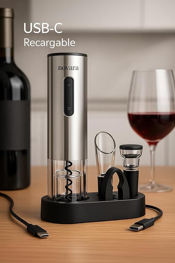 Novara Electric Wine Opener Set 4-in-1 | Rechargeable Corkscrew with Vacuum Stopper, Foil Cutter & Pourer | Automatic Bottle Opener Gift for Wine Lovers