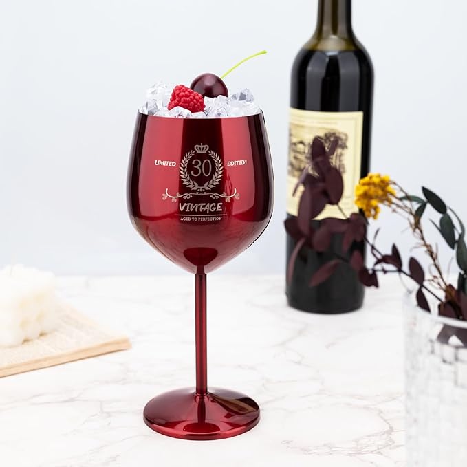 30th Birthday Gifts Wine Glass for Her Women, Stainless Steel Metal Unbreakable Decoration Glasses Red Cup 17oz with Vintage Print-Unique 30 Year Old Present for Mom Wife Sister Friend