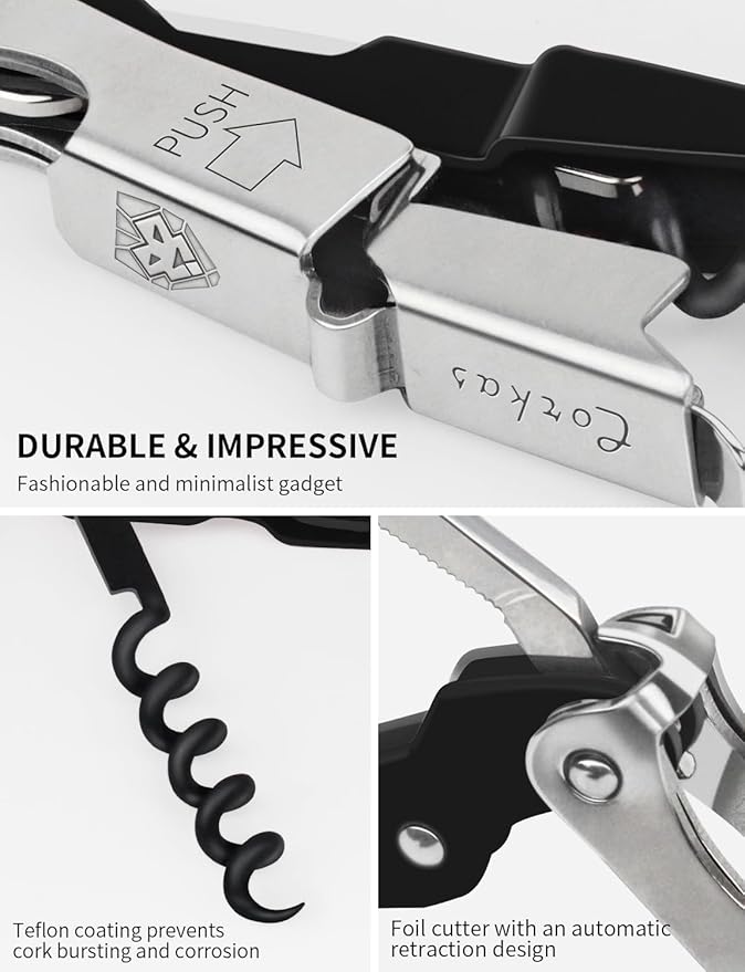 CORKAS Wine Key - Professional Handcrafted Heavy Duty Waiter Corkscrew, Compact Wine Opener with Double Hinged, Foil Cutter and Bottle Opener, Gifts for Severs, Sommelier, Bartenders (4Pack-Black)