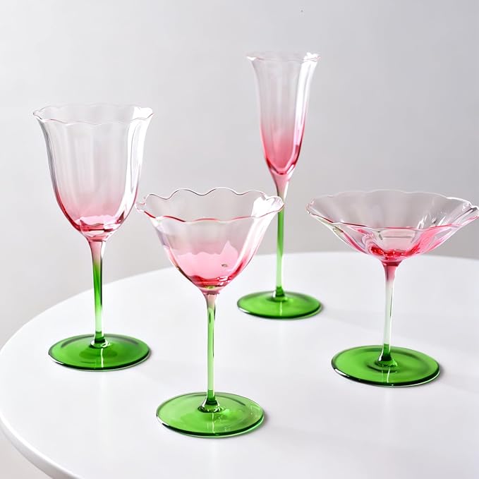 KAMMAK Wine Glasses Set of 2, 9.47 oz Hand Blown Crystal Bordeaux Wine Glasses, Thin Rim & Long Stem, Perfect for Red & White, Daily Use, Wedding or Birthday Gift with Gift Box, Pink-Green Flowers