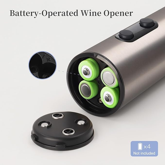 Battery Operated Electric Wine Opener by ELMWAY - Stainless Steel Electric Corkscrew with LED Light & Foil Cutter, Simple Push-Button Operation for Wine Lover (Black, 4 x AA Not Included)
