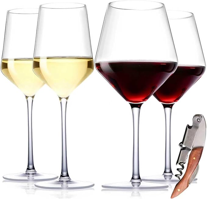 Physkoa Wine Glass Set of 4 – 2 Red (23oz) & 2 White (14oz) Hand-Blown Crystal Glasses with Corkscrew, Perfect Gifts for Birthday, Engagement, Wedding & Housewarming Mother's Day