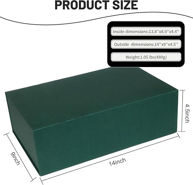 YINUOYOUJIA Large Green Gift Boxes with Lid,14"x9"x4.5" Magnetic Gift Box with Ribbon,Cards and Envelopes for Presents,Great for Wedding,Birthdays,Crafting,Gift Packaging.