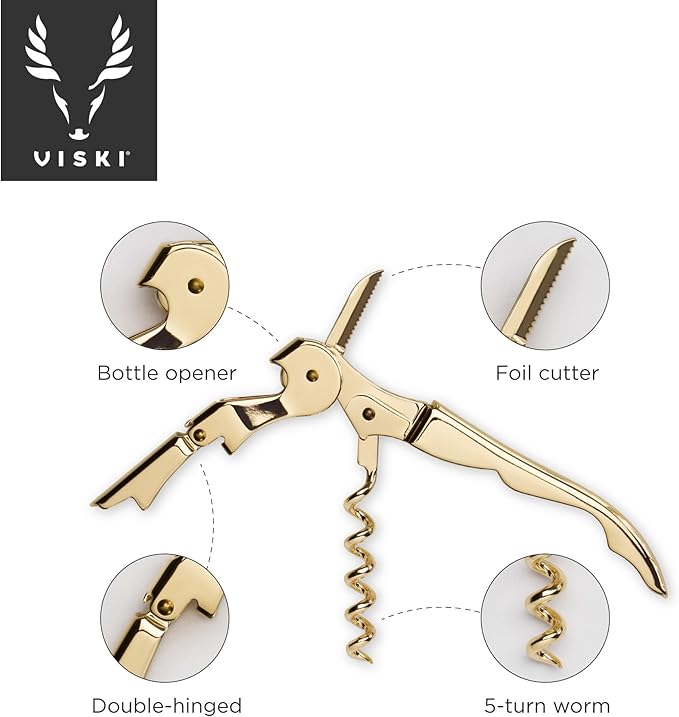 Viski 24k Gold Plated Signature Double Hinged Waiter's Corkscrew Wine Opener, Stainless Steel with Built-in Bottle Opener & Foil Cutter for Home Bar, Kitchen, Travel, Gifts for Wine Lovers, Set of 1