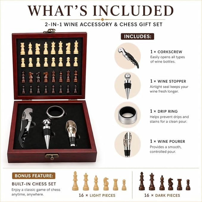 Wine Gift Set with Chess Board – Wine Accessories Kit for Men & Women, Corkscrew, Stopper & Pourer Included, Unique Gift for Wine Lovers, Birthday, Anniversary, Housewarming