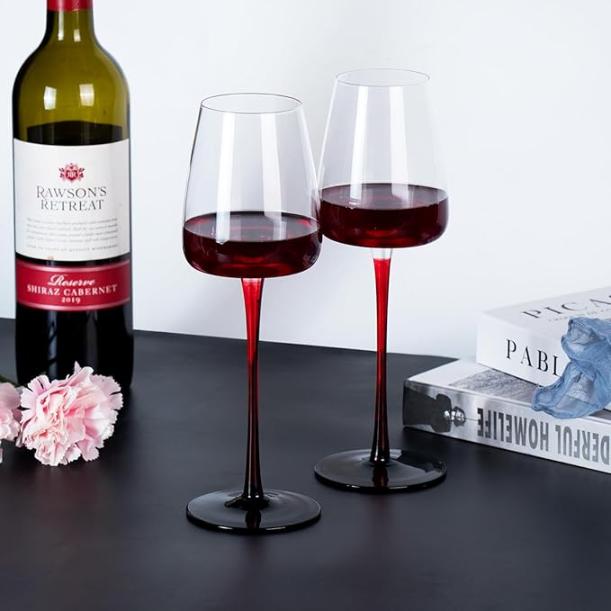 KAMMAK Wine Glasses Set of 2, 12.17 oz Hand Blown Crystal Bordeaux Wine Glasses, Thin Rim & Long Stem, Perfect for Red & White, Daily Use, Wedding or Birthday Gift with Gift Box, XH-H240 Black Base