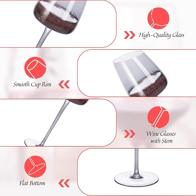 KAMMAK Wine Glasses Set of 2, 9.47 oz Hand Blown Crystal Bordeaux Wine Glasses, Thin Rim & Long Stem, Perfect for Red & White, Daily Use, Wedding or Birthday Gift with Gift Box, XH-H240 Gray