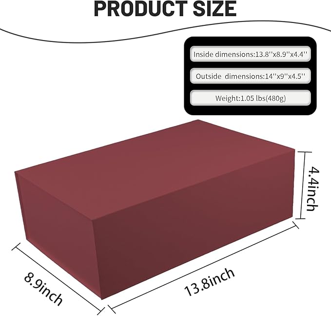 YINUOYOUJIA Large Burgundy Gift Boxes with Lid,14"x9"x4.5" Magnetic Gift Box with Ribbon,Cards and Envelopes for Presents,Great for Wedding,Birthdays,Crafting,Gift Packaging.