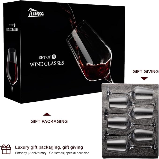 AILTEC Wine Glasses Set of 6, Crystal Glass with Stem for Drinking Red/White/Cabernet Wine as Gifts Sets, Clear Lead-Free Premium Blown Glassware (19oz,6 pack)