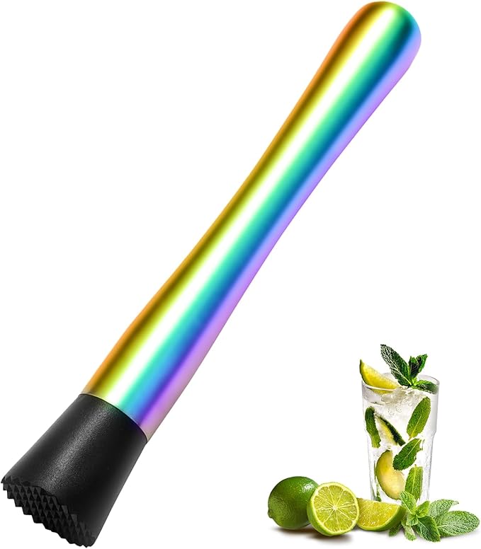 8 Inch Stainless Steel Cocktail Muddler and Mixing Spoon Home Bar Tool Set - Create Delicious Mojitos Old Fashioned/Mint Julep/Other Fruit Based Drinks (Rainbow)