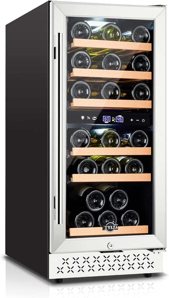 Tylza 15 Inch Wine Fridge, 30 Bottles Dual Zone Wine Cooler Refrigerator, Undercounter or Freestanding, 40-65°F, Wine Cabinet with Tempered Glass Door, Wine Cooler for Home, Kitchen, Bar