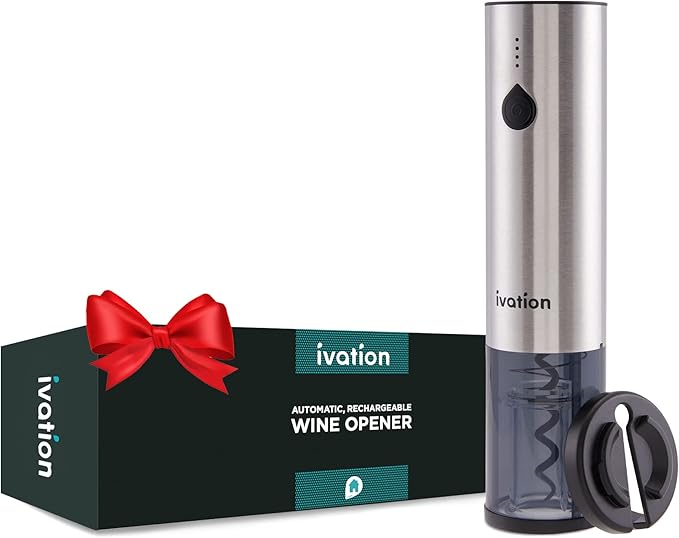 Ivation Rechargeable Automatic Wine Opener | Electric Cork Extractor Tool with Lithium Battery, LED Lights, USB Charging Cable, Bonus Foil Cutter & Elegant Gift Box | Uncorks 50 Bottles Per Charge