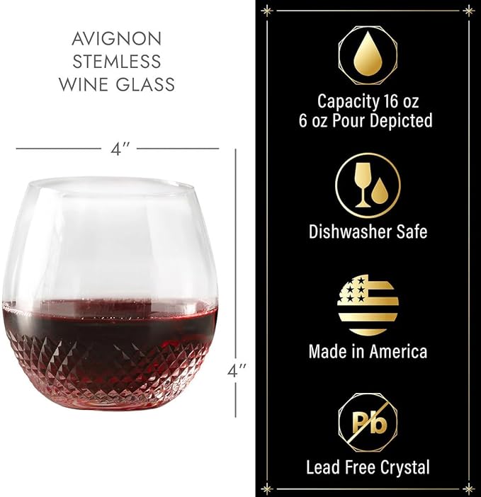 HomeWetBar Avignon Cut-Crystal Wine Glass – Elegant Stemless Wine Glass for Red and White Wines