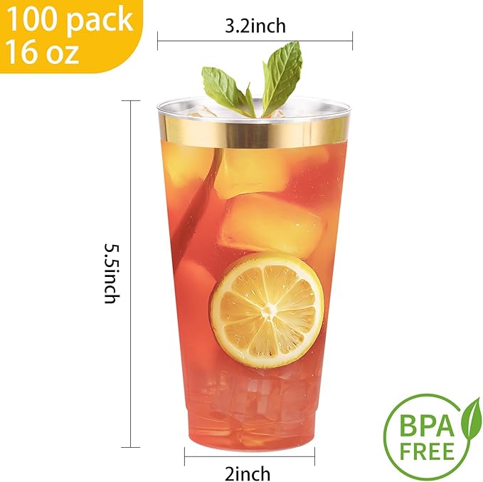DaYammi 100 Pack Gold Plastic Cups 16 Oz Elegant Clear Plastic Cups Gold Rimmed Disposable Wine Glasses Fancy Disposable Party Cup Wedding Cup Drinking Tumblers Cocktail Glasses with Gold Rim