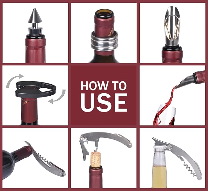 Wine Accessories Gift Set - Wine Bottle Corkscrew Opener Kit, Drip Ring, Foil Cutter and Wine Pourer and Stopper in Novelty Bottle-Shaped Case for Valentine's Gift, Red