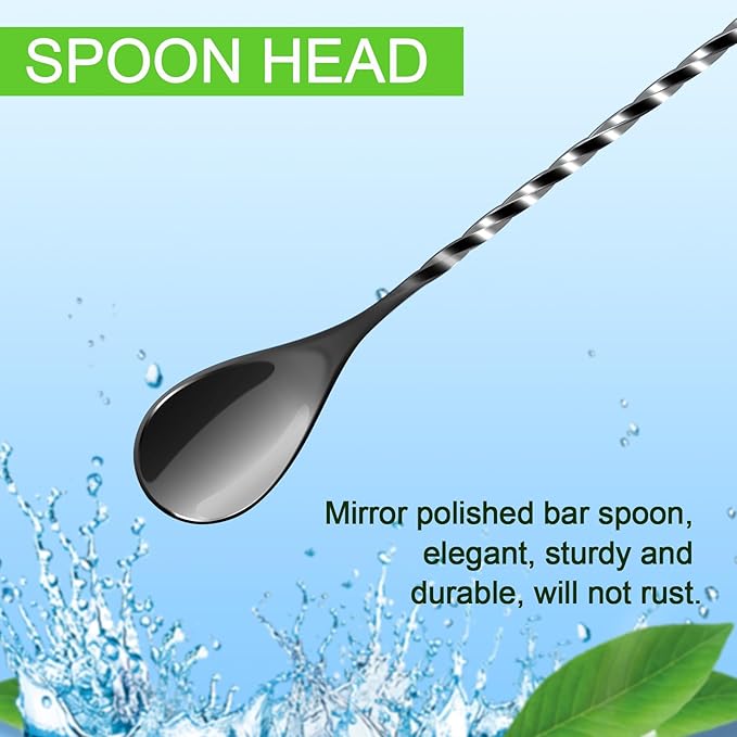BRIOUT 2 Pcs Bar Spoon, 12 Inches Long Handle Drink Stirrer, Stainless Steel Bar Cocktail Mixing Spoons with Double Ended Design for Stirring, Black