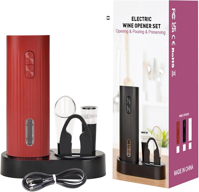 Electric Wine Opener Set include Bookpage-Style Electric Bottle Opener Rechargeable, Vacuum Stopper, Wine Pourer, Foil Cutter, Storage Base & USB Charging Cable (Red)