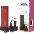 Electric Wine Opener Set include Bookpage-Style Electric Bottle Opener Rechargeable, Vacuum Stopper, Wine Pourer, Foil Cutter, Storage Base & USB Charging Cable (Red)