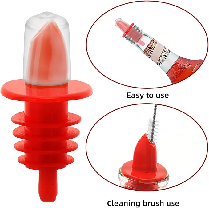 2 PCS Bottle Pourers And 2 PCS rubber pourers dust cap covers Syrup Pourer Pour Spouts Plastic Liquor Bottle Pourers with Rubber Pourers Dust Cap Covers Bottle Pourers (Red)