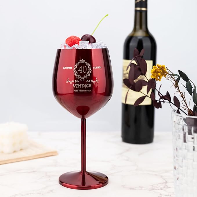 40th Birthday Gifts Wine Glass for Her Women, Stainless Steel Metal Unbreakable Decoration Glasses Red Cup 17oz with Vintage Print-Unique 40 Year Old Present for Mom Wife Sister Friend