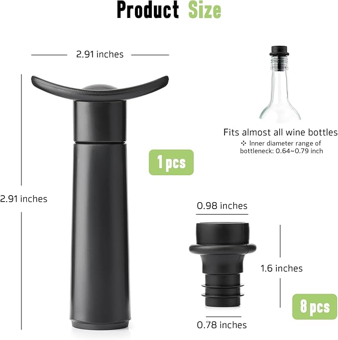 OWO Wine Vacuum Pump with 8 Stoppers, Wine Saver & Preserver, Food Grade Silicone Stoppers, Reusable Air Remover Pump for Standard Wine Bottles - Keeps Wine Fresh Longer