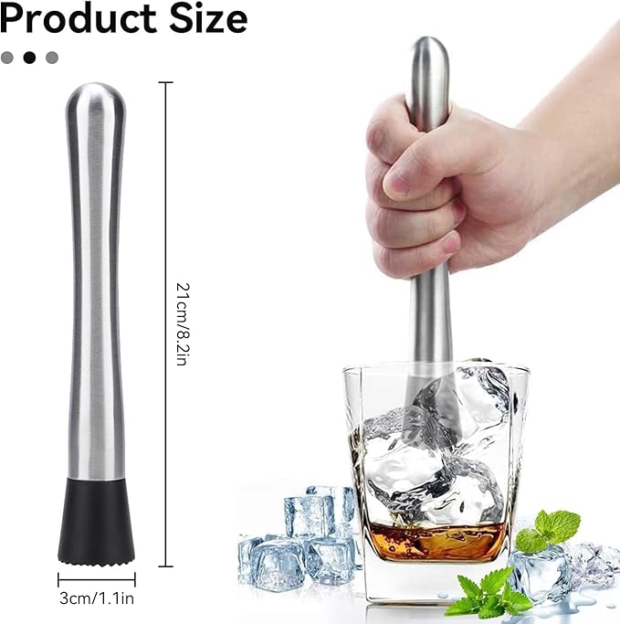 Cocktail Muddler, 2PCS Bar Muddler Stainless Steel Muddler Muddler for Cocktails 8" Drink Muddler Set Long Muddler Old Fashioned for Bars Bartender Accessories Home Bar Tools Set