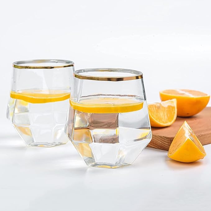 100 Pcs 12 Oz Plastic Wine Cups Gold Rim Plastic Diamond Wine Glass Disposable Stemless Wine Glasses Unbreakable Diamond Wine Glasses for Housewarming Birthday Party Wedding