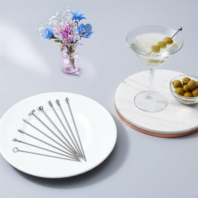 9 Pcs Metal Martini Cocktail Picks, 4.2 Inches Olive Appetizer Skewers Stainless Steel Martini Garnish Sticks Reusable, Metal Toothpicks for Drinks, Bar Accessories Supplies for Bartenders (Sliver)